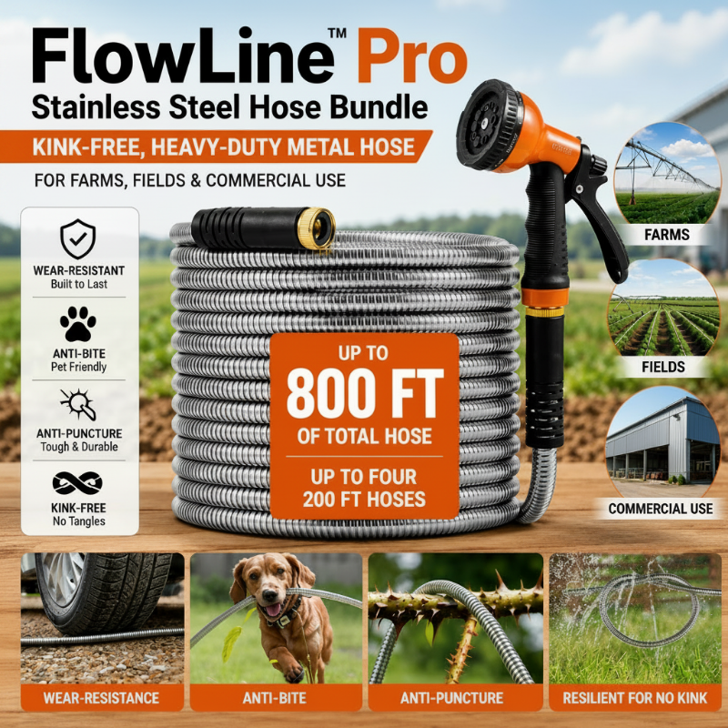 GainYards FlowLine™ Pro Stainless Steel Hose Bundle — Kink-Free, Heavy-Duty Metal Hose for Farms, Fields & Commercial Use