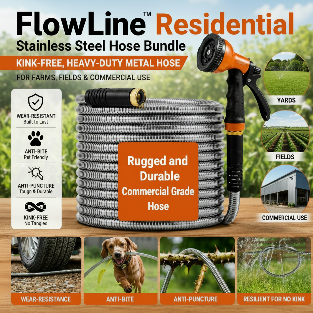 GainYards FlowLine™ Residential Metal Garden Hose — Kink-Free, Rust-Proof & Lightweight for Home Gardens & Backyard Use