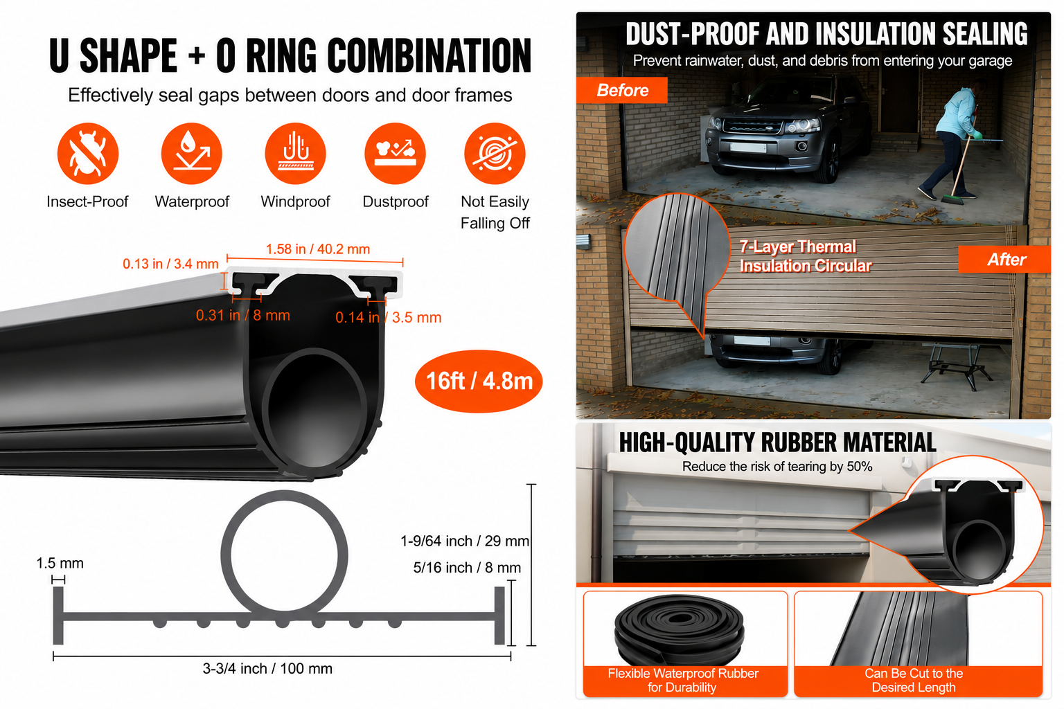 DraftShield™ Garage Door Bottom Seal — U+O Shape Rubber Kit