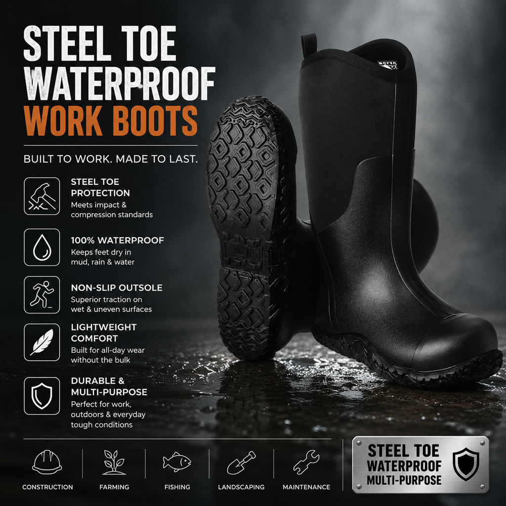 Men's Steel Toe Rubber Boots Waterproof Rain Fishing Boots Outdoor Non-Slip Work Shoes Size 11 US