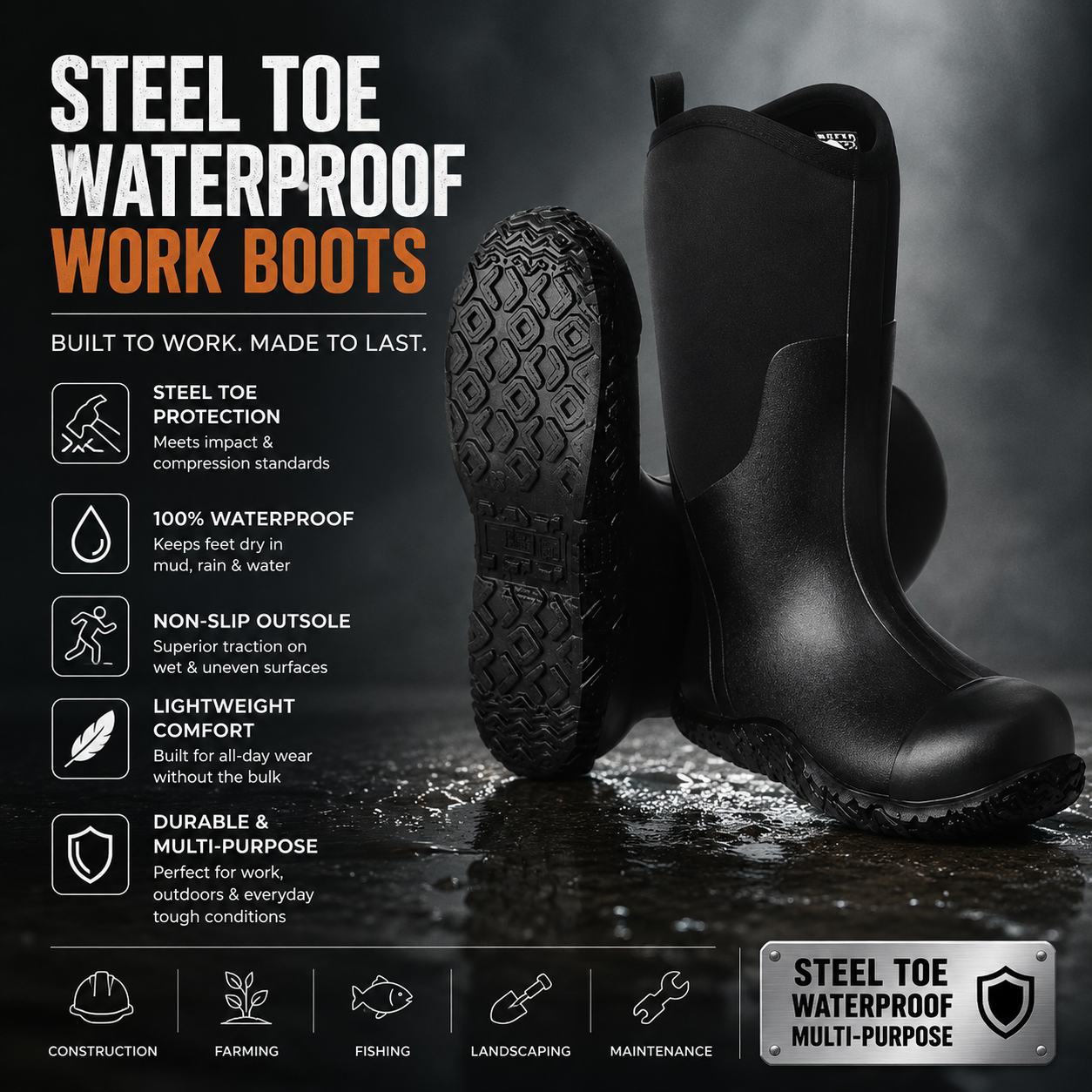 Men's Steel Toe Rubber Boots Waterproof Rain Fishing Boots Outdoor Non-Slip Work Shoes Size 11 US