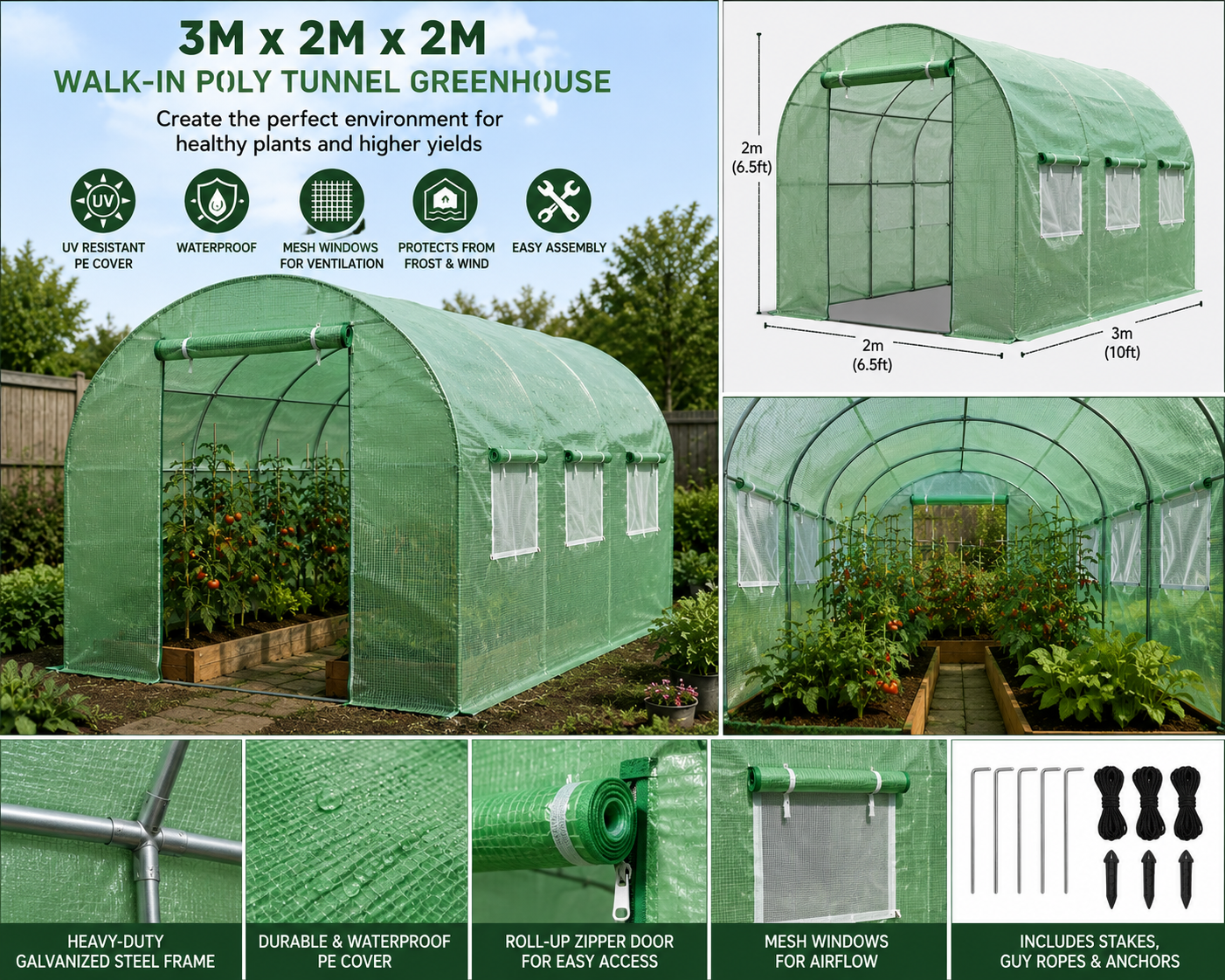 GainYards PolyGrow™ Walk-In Polytunnel Greenhouse — UV-Resistant PE Cover