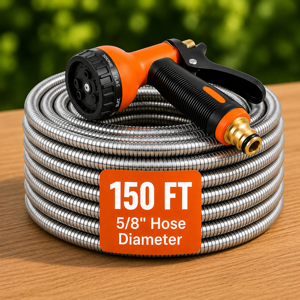 GainYards FlowLine™ Pro Stainless Steel Hose Bundle — Kink-Free, Heavy-Duty Metal Hose for Farms, Fields & Commercial Use